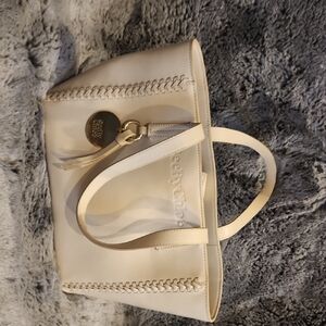 See By Chloe Cream Leather Tote with Braided Trim and Gold Charm